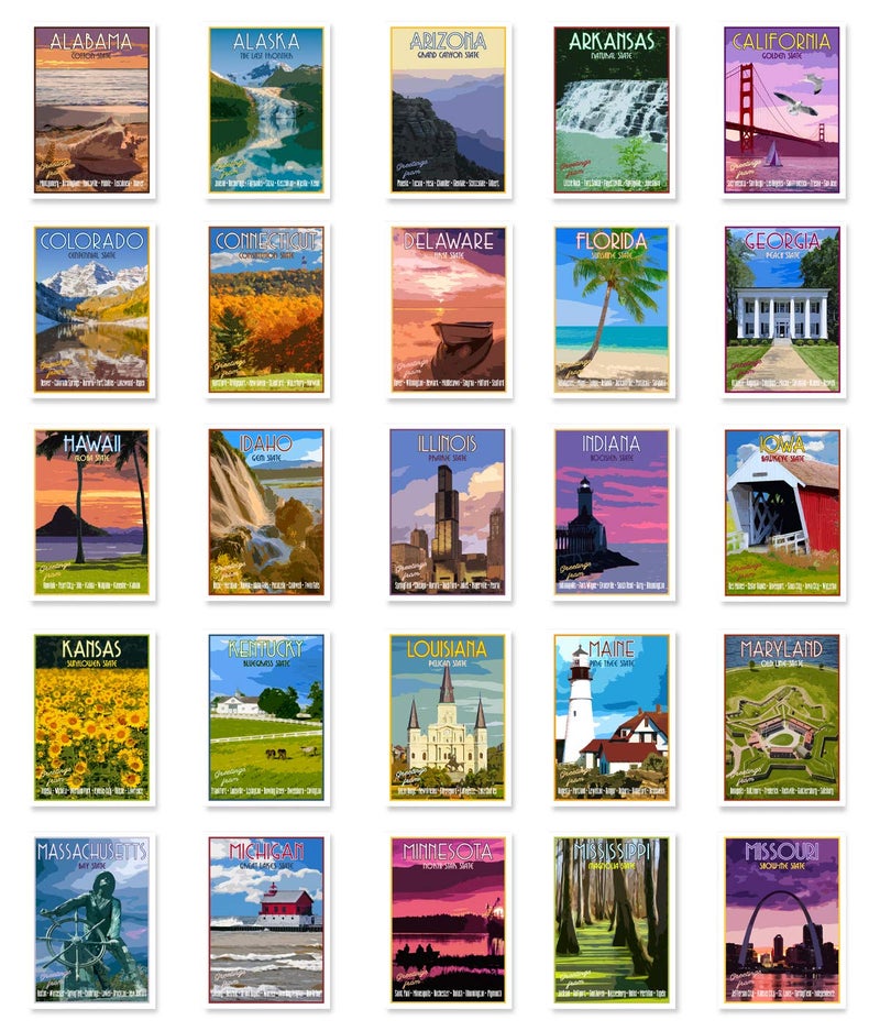 Postcard Fair ملصقات السفر لولايات الولايات المتحدة مجموعة من 50 بطاقة بريدية. مجموعة متنوعة من بطاقات البريد بأسلوب قديم للولايات المتحدة. مصنوعة في الولايات المتحدة. - Image 1
